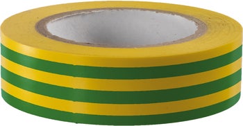 Eine Rolle gelb-grün gestreiftes Isolierband für Elektroinstallationen.