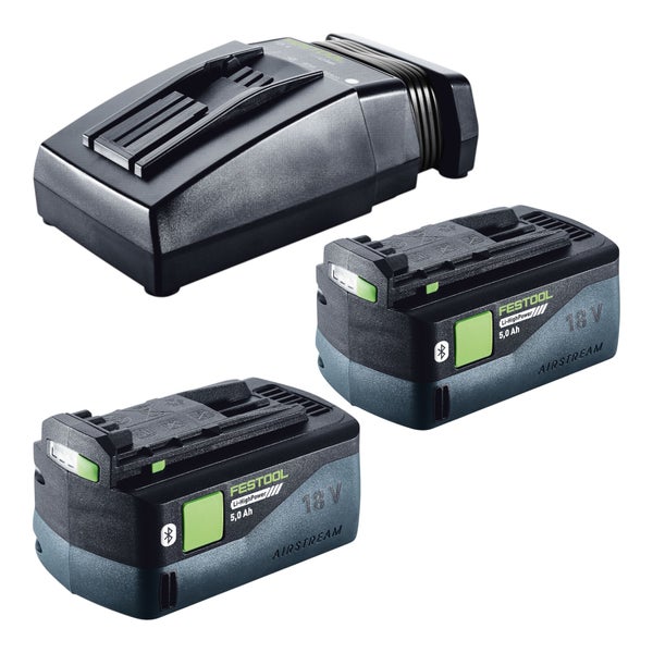 Festool Energie-Set mit zwei 18 Volt 5,0 Amperestunden Li-HighPower Airstream Bluetooth Akkus und einem Schnellladegerät.