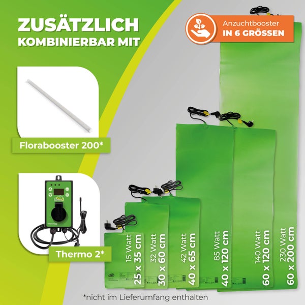 Sechs Heizmatten zur Pflanzenanzucht von 15 bis 230 Watt, kombinierbar mit dem separat erhältlichen Florabooster 200 und dem Thermo 2.