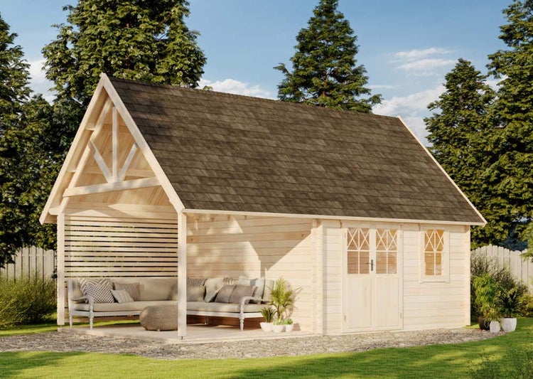 Alpholz Schwedenhaus 44 ISO mit Anbau Blockhaus aus Holz, Holzhaus mit 44 mm Wandstärke inklusive Schlafboden inklusive Schleppdach, Blockbohlenhaus mit Montagematerial, Naturbelassen 7x4,2m