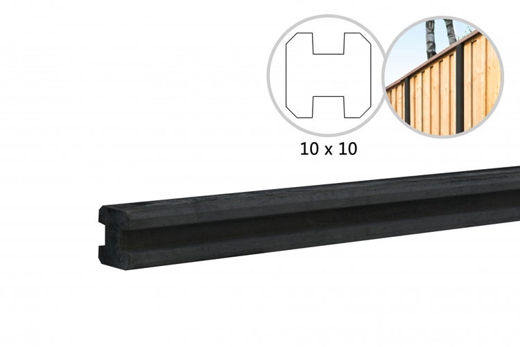 Schwarzer Zaunpfosten mit H-Profil, Maße 10 mal 10 Zentimeter, mit Querschnittzeichnung und Anwendungsbeispiel für Holzzäune.