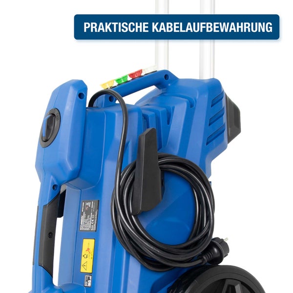 Hochdruckreiniger mit praktischer Kabelaufbewahrung an der Seite des blauen Kunststoffgehäuses.