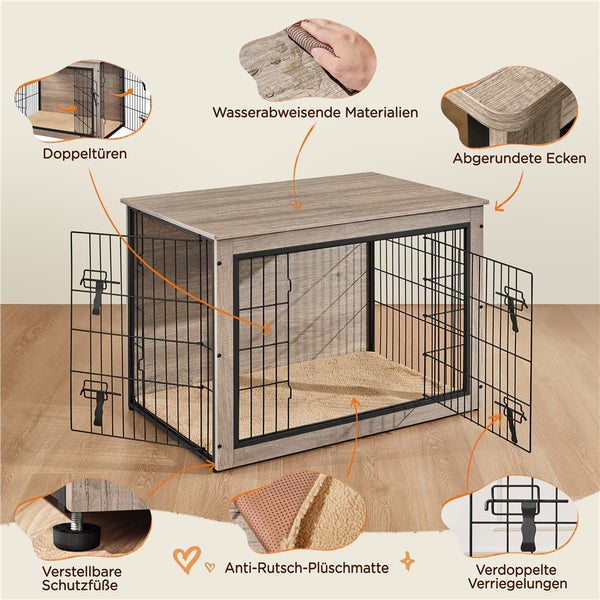 Hundebox mit doppelten Türen, wasserabweisenden Materialien, abgerundeten Ecken, verstellbaren Schutzfüßen, Anti-Rutsch-Plüschmatte und doppelten Verriegelungen