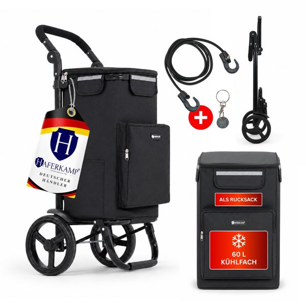 Einkaufstrolley mit abnehmbarer Tasche als Rucksack, 60 Liter Kühlfach, Spanngurt, Einkaufswagenlöser und klappbarem Gestell.