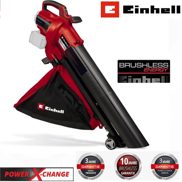 Einhell Akku-Laubsauger und Laubbläser Venturro mit Auffangsack, bürstenlosem Motor und Einhell Logo sowie Garantiesiegel.