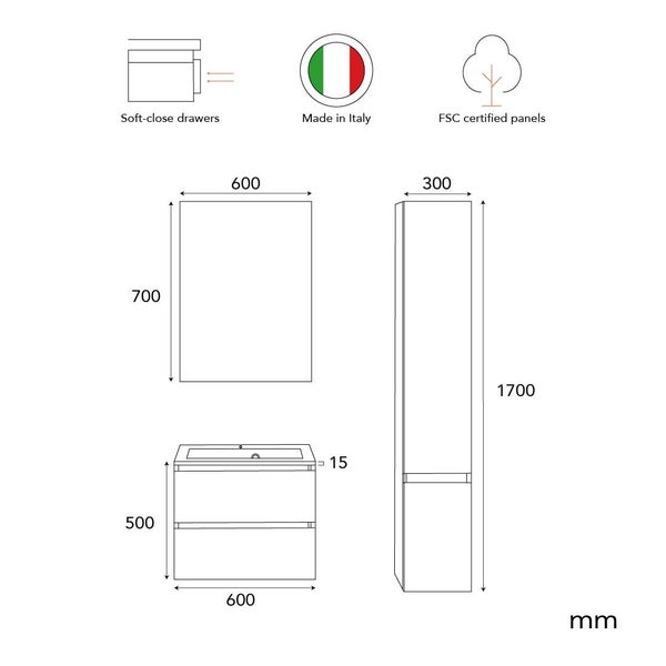 Technische Zeichnung eines Badmöbel Sets mit Soft-Close-Schubladen, Hergestellt in Italien und FSC-zertifizierten Holzwerkstoffen.