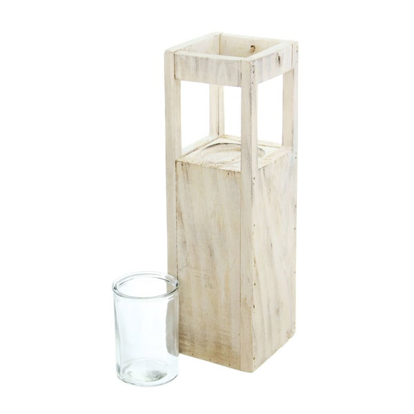 FRANK FLECHTWAREN | Windlichtsäule Shabby-Charme, HOLZ, 15 x 15 x 50 cm, Glas Ø 10 x 15 cm, ohne Kerze