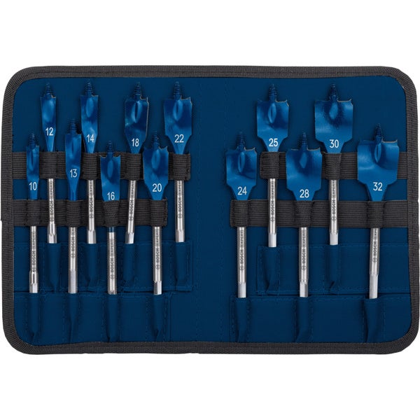 13-teiliges Flachfräsbohrer-Set Bosch Expert SelfCut Speed mit Sechskantschaft, Größen 10 bis 32 Millimeter für Holz.