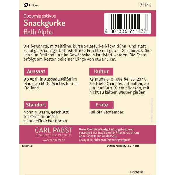Snackgurke kurz & glattschalig Beth Alpha Samen von Pabst Keimkraft