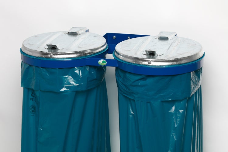 PROREGAL Robuster Doppel Abfallsammler Mit Metall Deckel Wandhalterung 2 x  120 Liter B x T 80 x 53 cm Stahl Blau Verzinkt