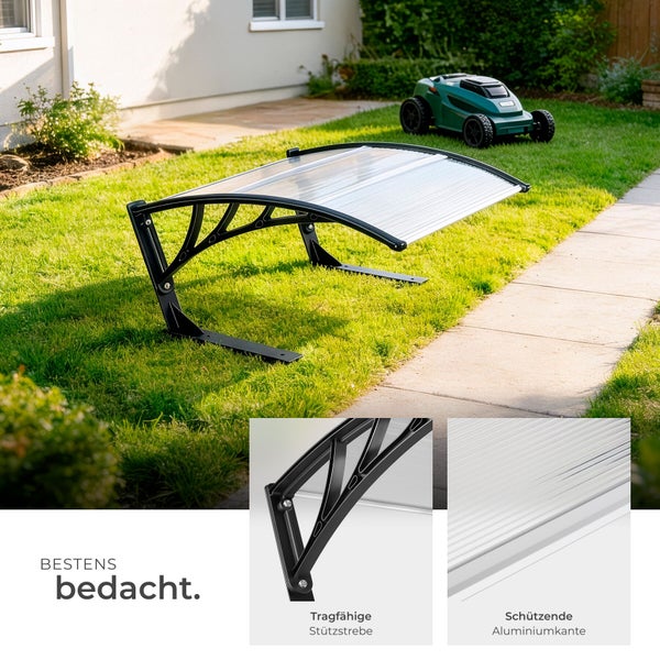 Mährobotergarage aus Aluminium und Polycarbonat im Garten mit Rasenmähroboter