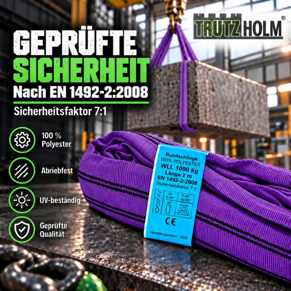 Rundschlinge aus Polyester von Trutzholm mit 1000 Kilogramm Tragfähigkeit und 2 Meter Länge für sicheres Heben und Hebegurte.