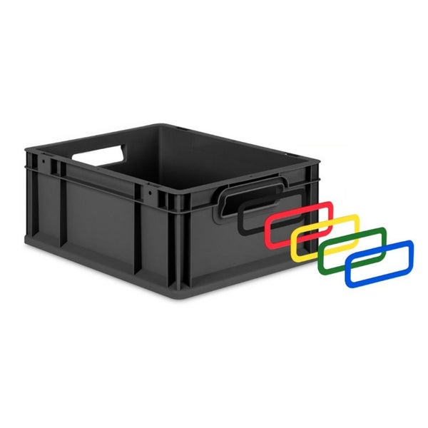 PROREGAL SuperSparSet 10x Eurobox NextGen Color mit Auflagedeckel und Schiebeschnappverschlüsse, HxBxT 17x30x40cm, 16 Liter, Schwarz, Griffe rot offen, Eurobehälter, Transportbox, Transportbehälter, Stapelbehälter