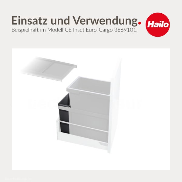 Hailo Abfalltrennsystem Modell CE Inset Euro-Cargo für Küchenschränke mit zwei Abfalleimern und Deckel. Hailo Logo.