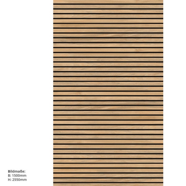 Akustikpaneel mit Holzlatten, Breite 1500 Millimeter, Höhe 2550 Millimeter.