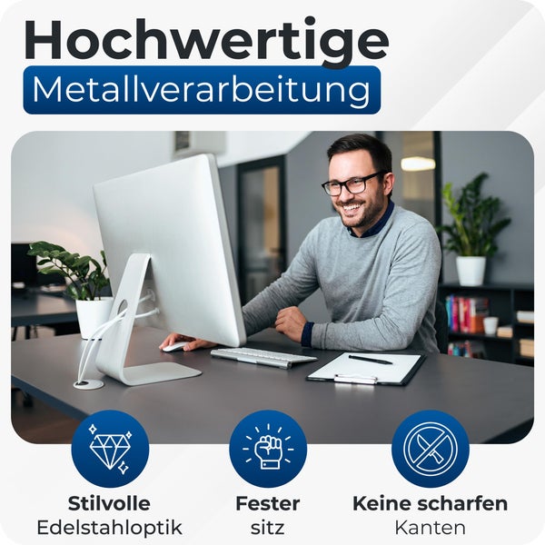 Bruce.® 2x Kabeldurchführung aus Metall, ø 60mm, Inkl. 2x Gummidurchlass, Hochwertiger Kabeldurchlass für Möbel und Schreibtisch, Endlich Ordnung am Arbeitsplatz (2, Silber)