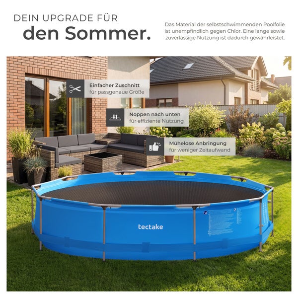 Eine runde Poolabdeckplane auf einem Aufstellpool im Garten mit Hinweisen zu Zuschnitt, Anwendung und einfacher Installation.