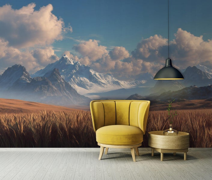 Wohnraum mit Fototapete Berglandschaft, Sessel und Beistelltisch