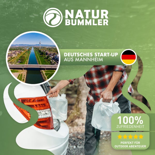 NATURBUMMLER ® 4er-Set 10l Wasserkanister Faltbar Outdoor [Co2-Neutral] inkl. Stabiler Griff + Trinkaufsatz – Auslaufsicher & Robust – Trinkwasserkanister Wassertank Wasserbehälter Kanister Wasser