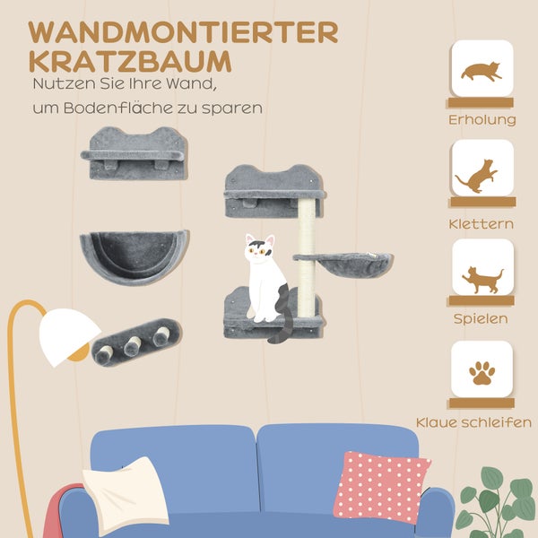 PawHut Katzen Kletterwand 4 tlg. Klettern Katzenkratzbaum mit Kaztentreppe, Hängematte, Sprungplatt, Wandkratzbaum, Wand Katzenmöbel für Katzen bis 5 kg, Polyester, Grau