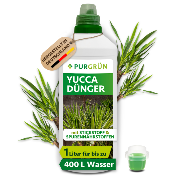 Eine Flasche Purgrün Yucca Dünger mit Stickstoff und Spurennährstoffen für bis zu 400 Liter Wasser hergestellt in Deutschland