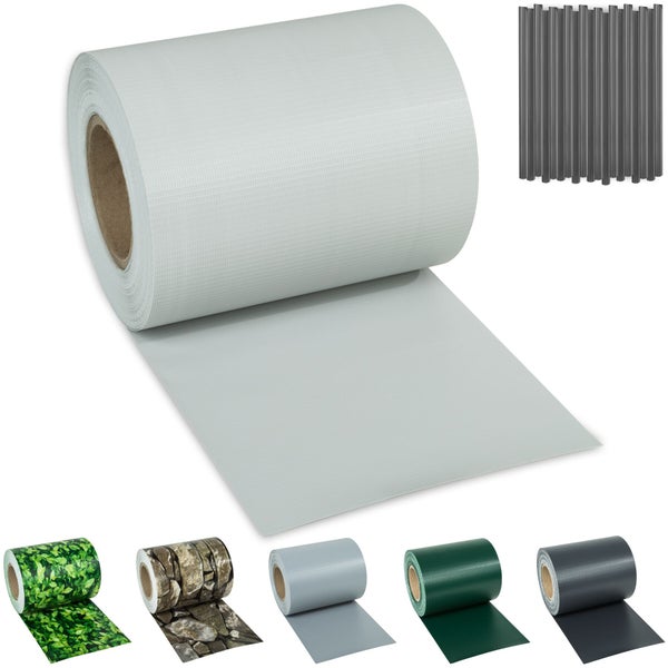 Sichtschutzstreifen für Stabmattenzäune aus Kunststoff in Hellgrau auf einer Rolle mit verschiedenen Designvarianten.