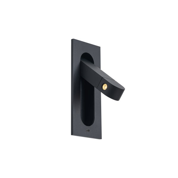 Schwarze LED-Wandleseleuchte mit schwenkbarem Spot und USB-C-Anschluss.