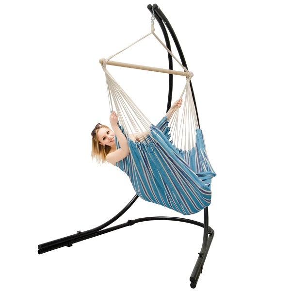 AMANKA freistehendes Hängestuhlgestell 210cm inkl. XXL Hängestuhl 185x130cm Baumwolle Blau Streifen Hängesessel-Metall-Gestell