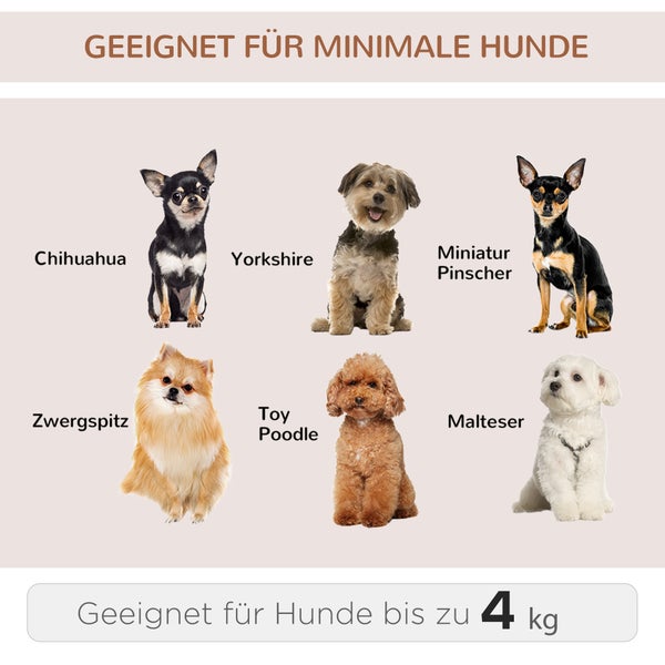 Geeignet für kleine Hunde bis 4 kg: Chihuahua, Yorkshire, Zwergpinscher, Zwergspitz, Toy Pudel, Malteser.