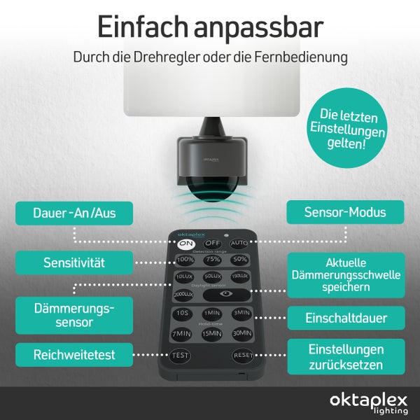 Einstellbare Leuchte mit Drehregler oder Fernbedienung und Oktaplex Lighting Logo