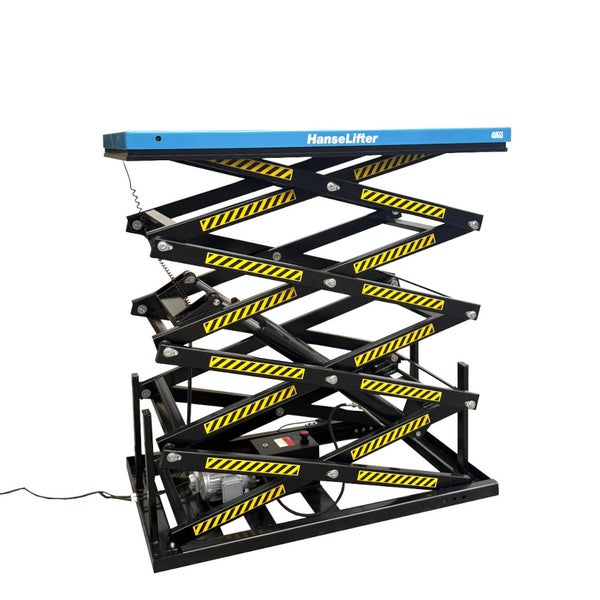 Stationärer Scherenhubtisch von HanseLifter mit Mehrfachschere, blauer Plattform und gelb-schwarz markierten Scherenarmen.