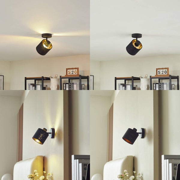 Schwarzer perforierter Metallspot mit goldener Innenseite als Decken- und Wandleuchte, ein- und ausgeschaltet in einem hellen Wohnraum.