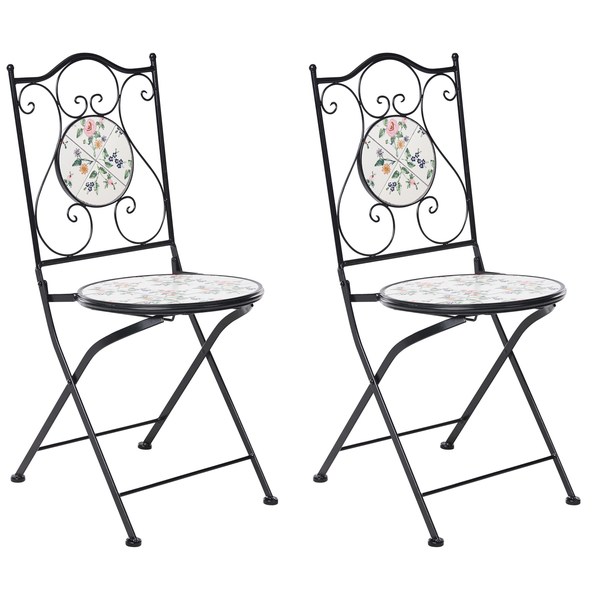 Schwarze klappbare Gartenstühle aus Metall im Zweier-Set mit floralem Mosaik-Design auf Sitzfläche und Rückenlehne.