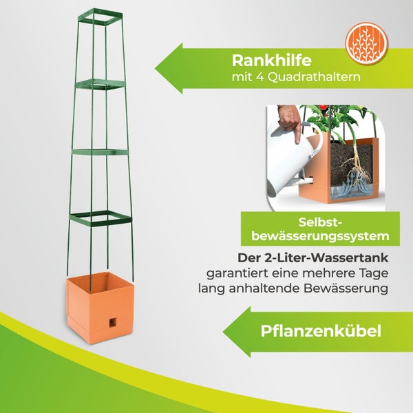 Pflanzenkübel mit vierstufiger Rankhilfe und integriertem zwei Liter Selbstbewässerungssystem für Kletterpflanzen.