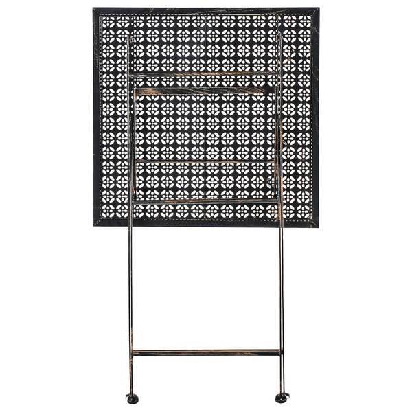 Klappbarer Metalltisch mit quadratischer, ornamentaler Tischplatte im Antik-Look.