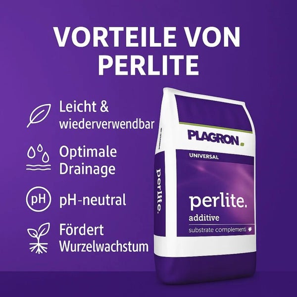 Plagron Logo auf einem Beutel Perlite mit Vorteilen: leicht und wiederverwendbar, optimale Drainage, pH-neutral und fördert das Wurzelwachstum.