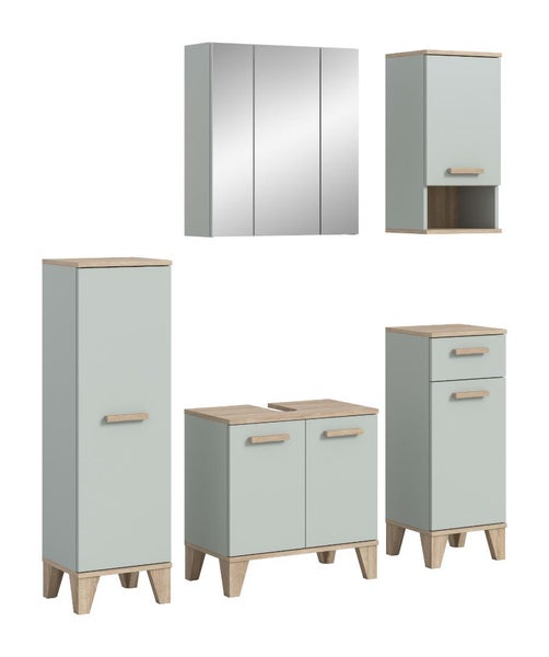 Badezimmermöbel Set bestehend aus einem Spiegelschrank, einem Hängeschrank, einem Hochschrank, einem Waschbeckenunterschrank und einem Beimöbel.