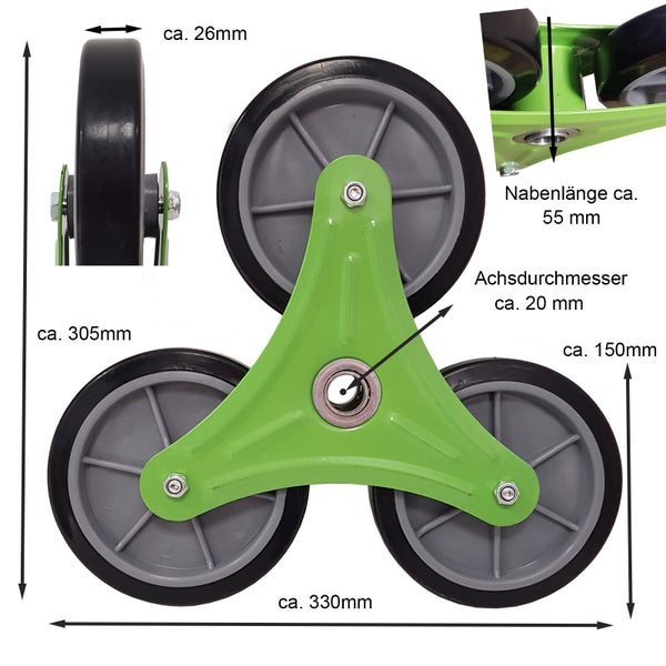Treppensteiger-Rad mit drei Rädern und grüner Halterung