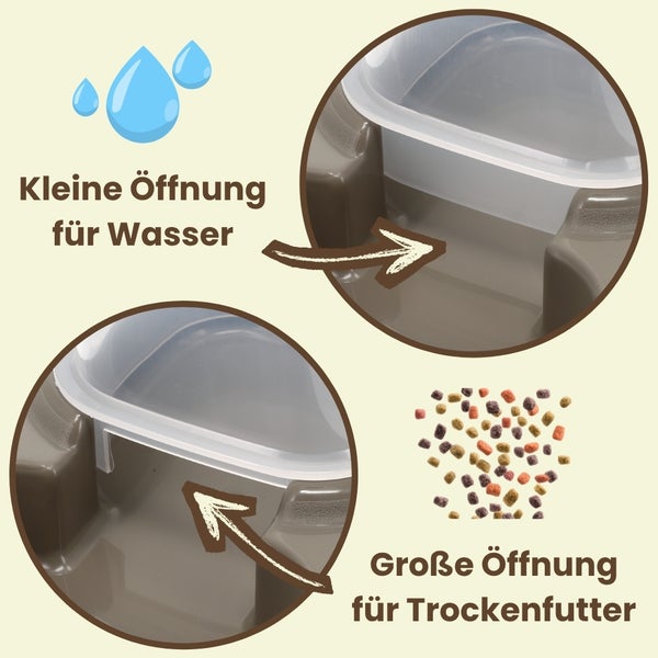 Futterautomat und Wasserspender mit einer kleinen Öffnung für Wasser und einer großen Öffnung für Trockenfutter.