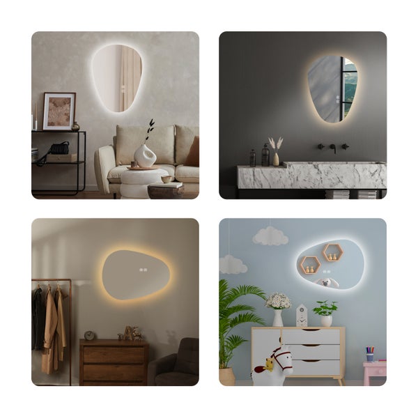 Vier Anwendungsbeispiele eines asymmetrischen LED Wandspiegels in organischer Form mit Touch Sensor in Wohnzimmer, Badezimmer und Kinderzimmer.