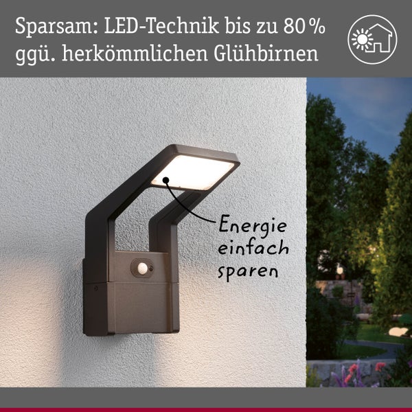 Moderne LED-Außenwandleuchte in Anthrazit mit Bewegungsmelder, energiesparende Beleuchtung für den Außenbereich.