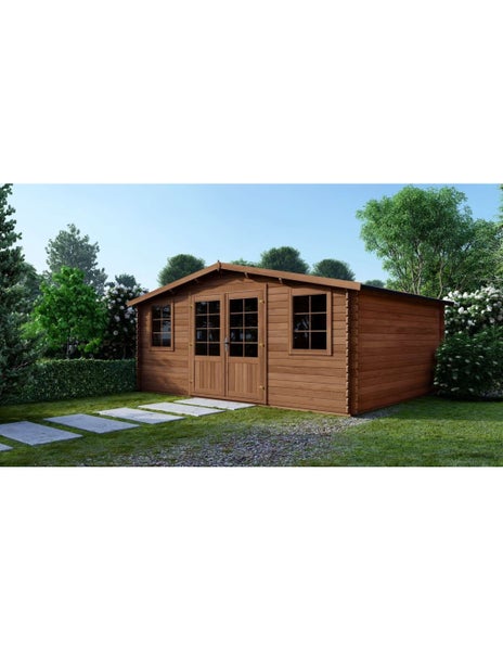 Großes Gartenhaus aus Holz mit Satteldach, Doppeltür mit Glaseinsätzen und zwei Fenstern in einem hellen, gepflegten Garten.