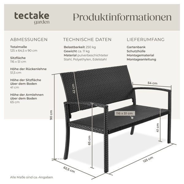 Infografik mit Maßen und technischen Daten einer Tectake Gartenbank aus Stahl und Polyethylen mit Schutzhülle.