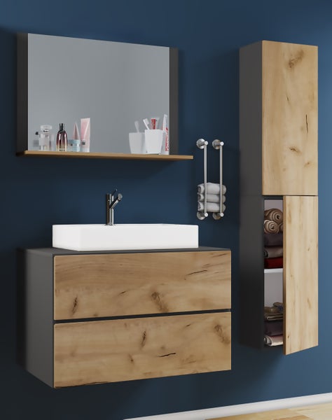 Modernes Badmöbel-Set mit Waschtischunterschrank in Holzoptik, weißem Aufsatzwaschbecken, Spiegel mit Ablage und passendem Hochschrank.