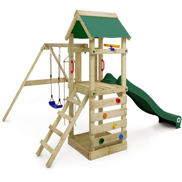 WICKEY Spielturm Klettergerüst FreeFlyer mit Schaukel und Rutsche, Kletterturm mit Sandkasten, Leiter und Spiel-Zubehör - grün