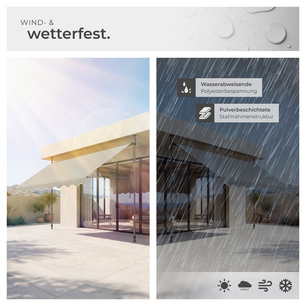 Klemmmarkise auf einer Terrasse bei Sonne und Regen. Wasserabweisende Polyesterbespannung und pulverbeschichtete Stahlrahmenstruktur. Wetterfest.
