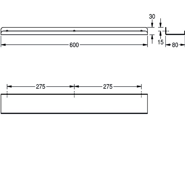 Maßskizze für ein Wandregal mit Abmessungen in Millimetern: Länge 600, Breite 80, Höhe 30.