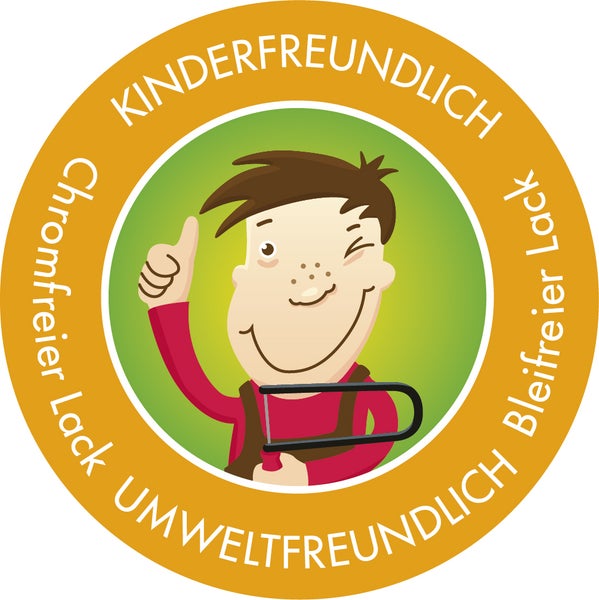 Gütesiegel für kinderfreundliche, umweltfreundliche, chromfreie und bleifreie Lacke mit einem handwerkenden Kind.