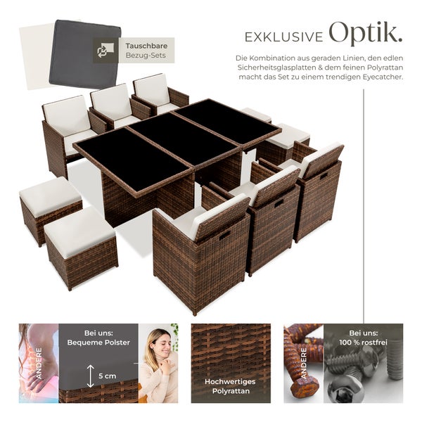 Rattan Sitzgruppe tectake New York 2 Bezugssets, zusammenschiebbar, inklusive Schutzhülle mit Aluminiumgestell schwarz/braun