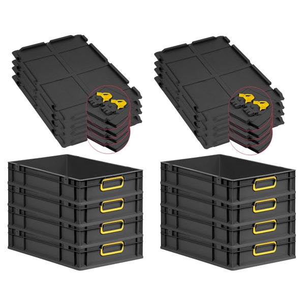 PROREGAL SuperSparSet 8x Eurobox NextGen Color mit Scharnierdeckel und Schiebeschnappverschlüssen, HxBxT 12x40x60cm, 23 Liter, Schwarz, Griffe gelb geschlossen, Eurobehälter, Transportbox, Transportbehälter, Stapelbehälter